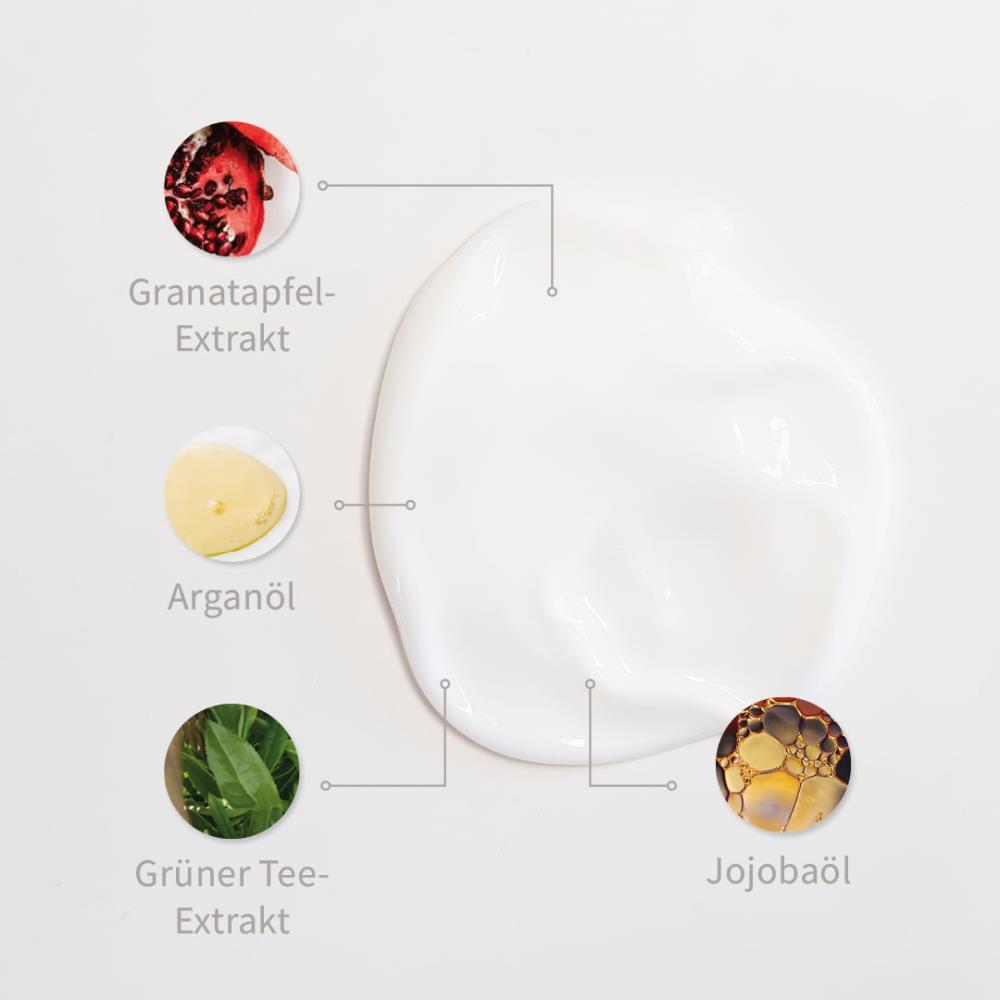 Weiße Creme-Textur mit markierten Inhaltsstoffen: Granatapfel-Extrakt, Grüner Tee-Extrakt, Arganöl