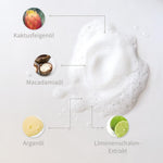 Weiße Pflege-Schaum mit Inhaltsstoffen: Limonenschalen-Extrakt, Kaktusfeigenöl, Macadamiaöl, Arganöl