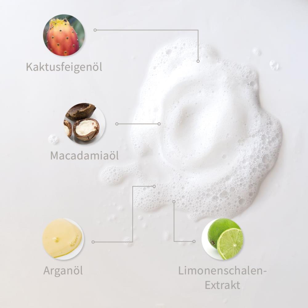 Weiße Pflege-Schaum mit Inhaltsstoffen: Limonenschalen-Extrakt, Kaktusfeigenöl, Macadamiaöl, Arganöl