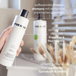 Shampoo mit Proteinen und organischen Extrakten für trockenes, poröses Haar.