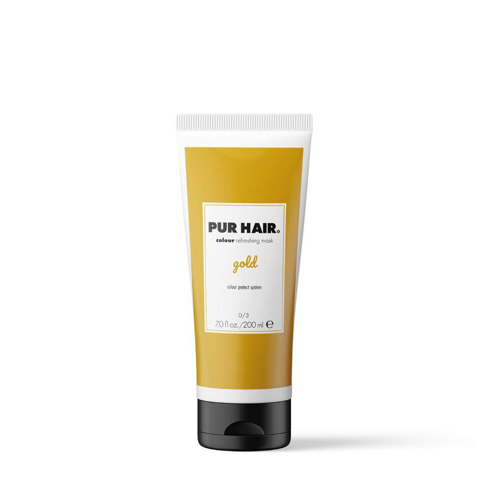 Farbauffrischende Haarmaske in goldener 200 ml Tube mit schwarzem Klappverschluss.
