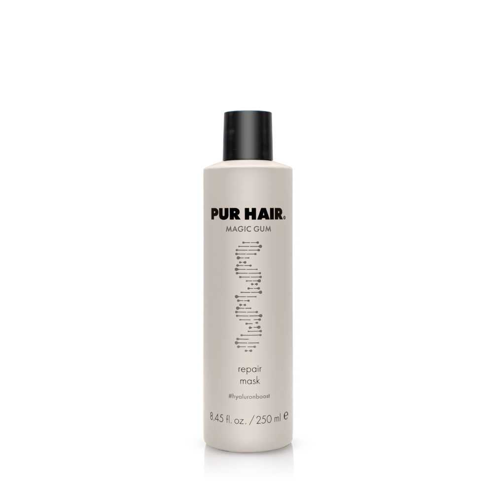 PUR HAIR Magic Gum Maske, 250 ml Flasche in hellbraun mit schwarzem Deckel.