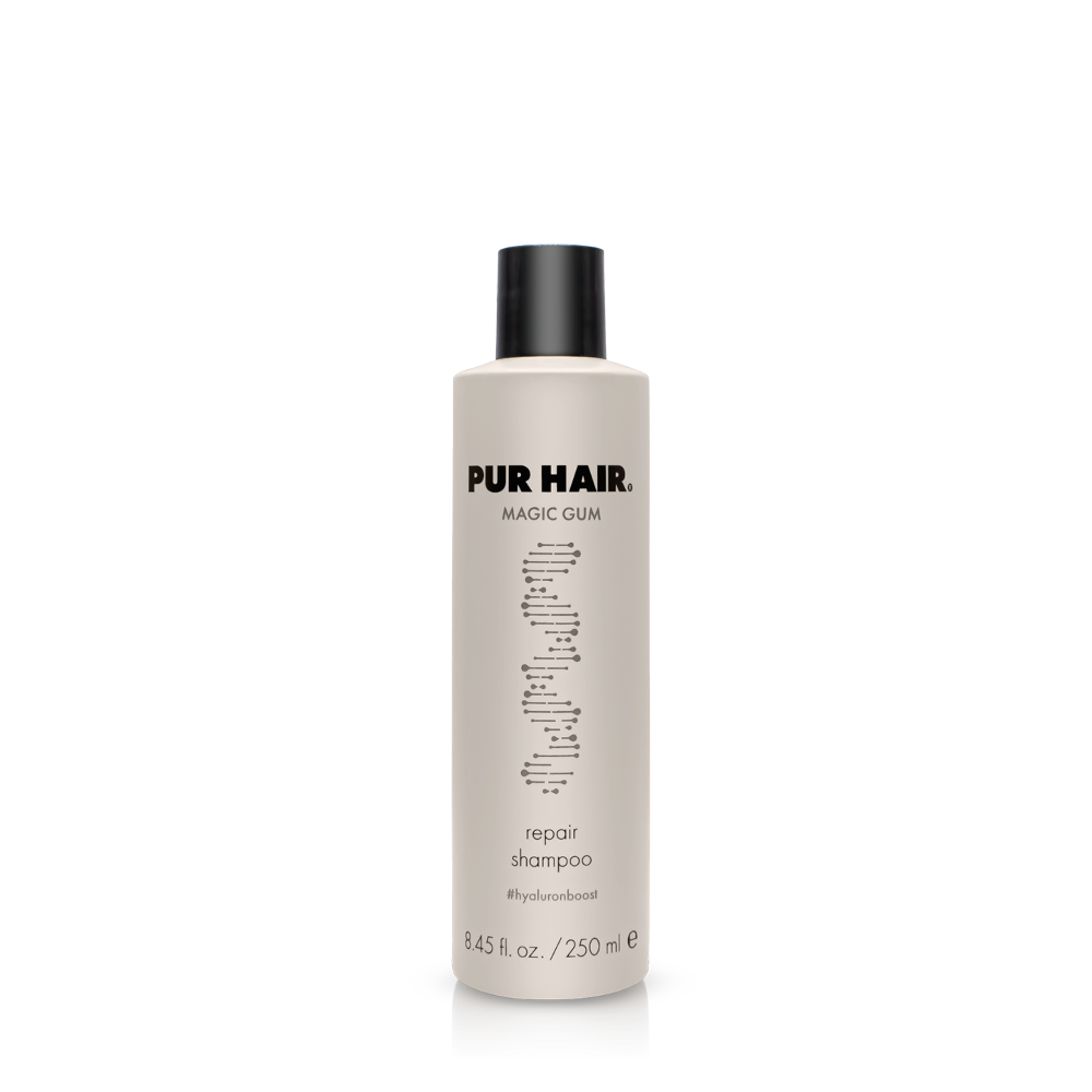 PUR HAIR  Magic Gum Shampoo, 250 ml Flasche in hellbraun mit schwarzem Deckel.