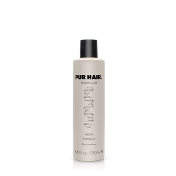 PUR HAIR  Magic Gum Shampoo, 250 ml Flasche in hellbraun mit schwarzem Deckel.