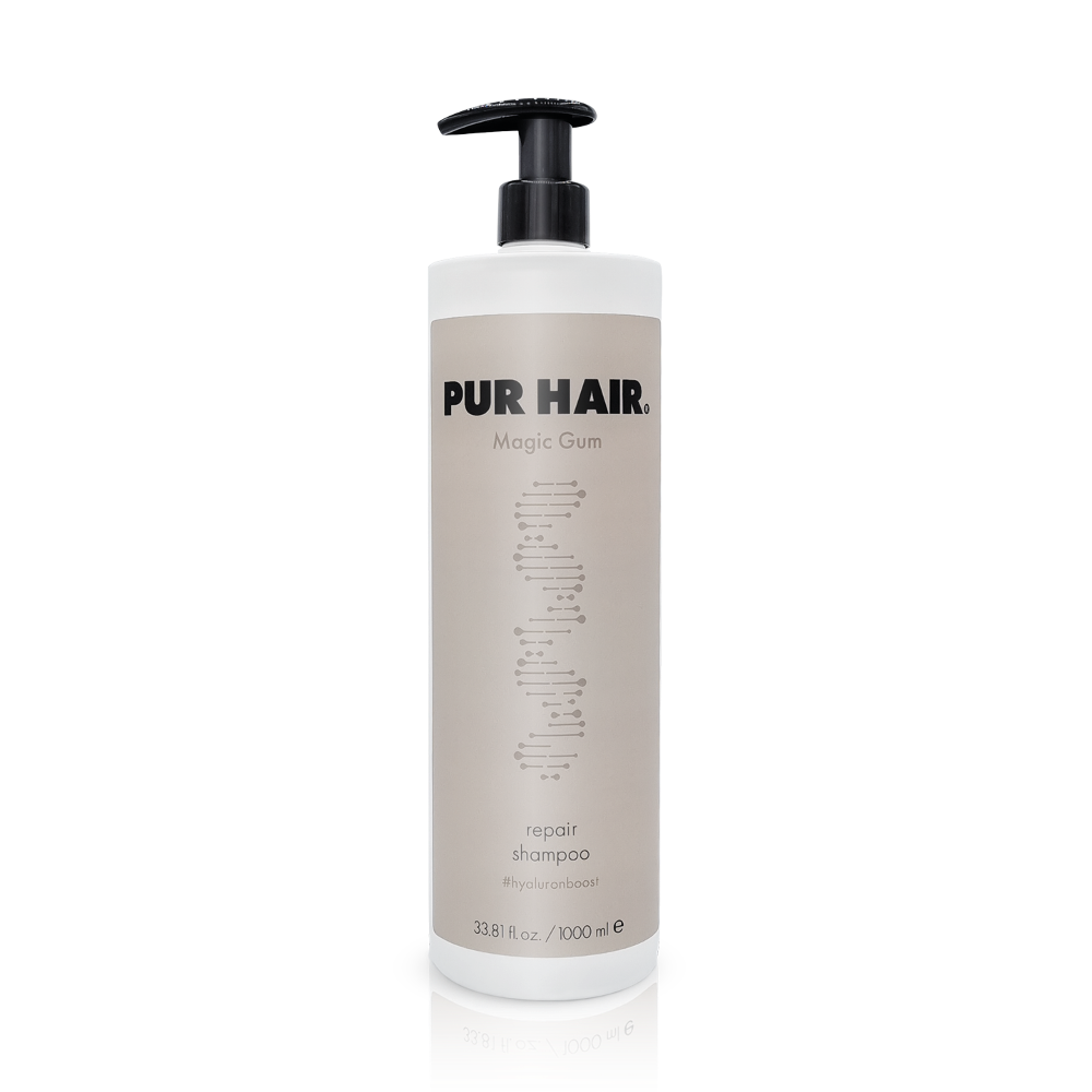 PUR HAIR  Magic Gum Shampoo, 1000 ml Flasche in hellbraun mit schwarzem Pumpspender.