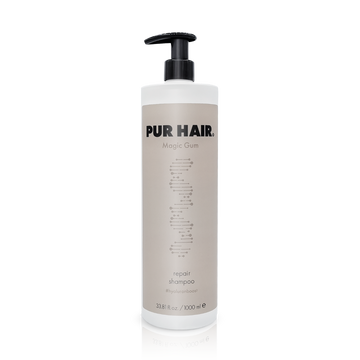 PUR HAIR  Magic Gum Shampoo, 1000 ml Flasche in hellbraun mit schwarzem Pumpspender.