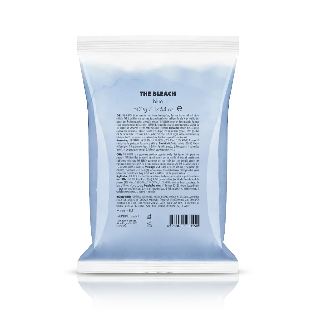Hellblaue 500-g-Packung PUR HAIR THE BLEACH blue Blondierpulver mit schwarzer Produktbeschriftung