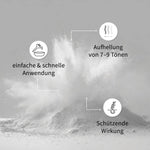 Weißes Blondierpulver auf grauem Hintergrund mit Symbolen für schnelle Anwendung