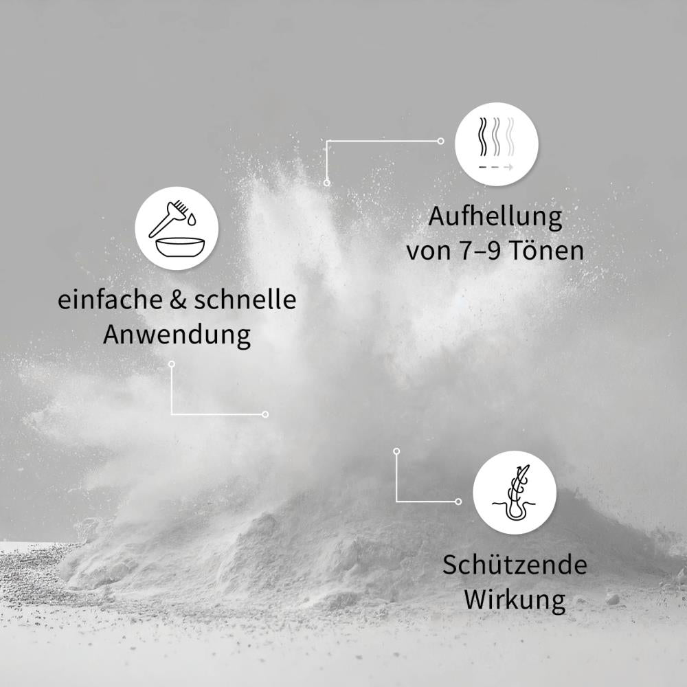 Weißes Blondierpulver auf grauem Hintergrund mit Symbolen für schnelle Anwendung