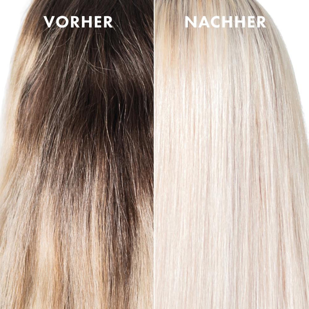 Vorher-Nachher-Vergleich einer Haaraufhellung von dunkelblondem Haar zu sehr hellem, kühlem Blond