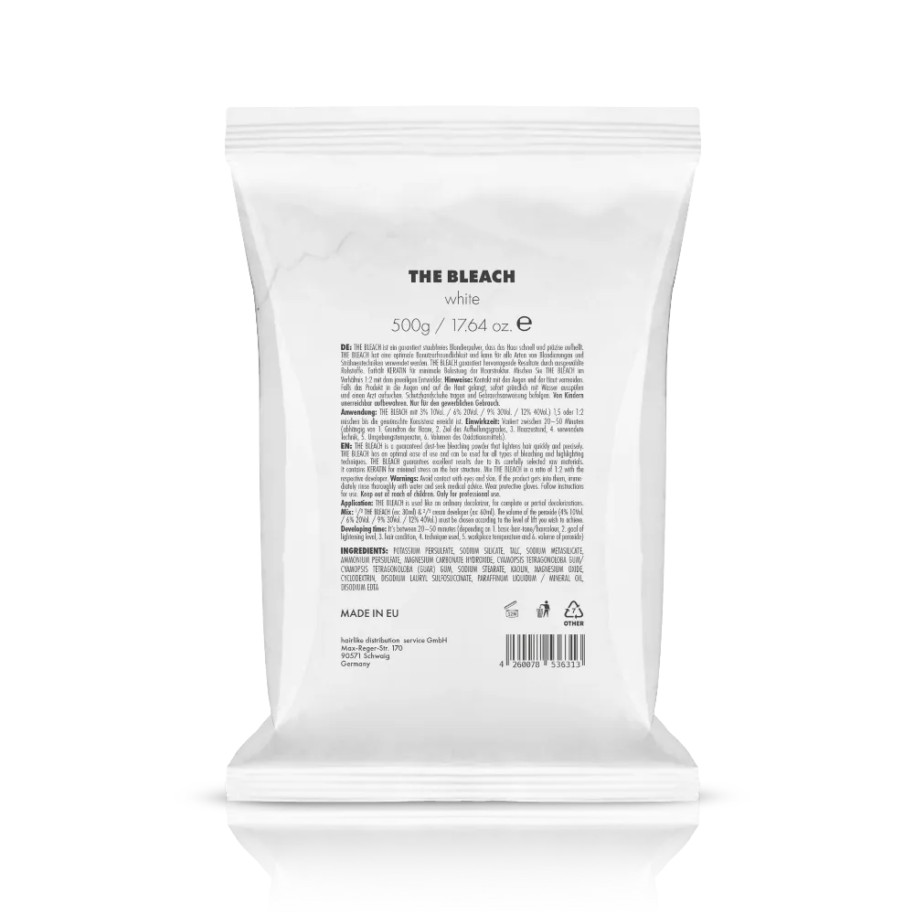 Weiße 500-g-Packung PUR HAIR THE BLEACH white Blondierpulver mit schwarzer Produktbeschriftung