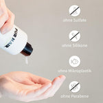 Hand drückt weißes Volume Shampoo aus der Flasche in die Handfläche, daneben Symbole.